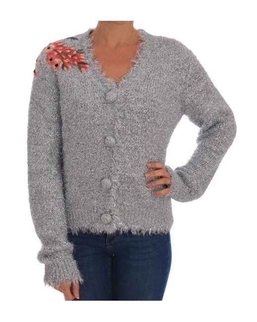 Dolce & Gabbana Gray Dolce Gabbana Silver Cardigan Floral Applique Sweater