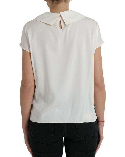 Dolce & Gabbana White Elegant Off- Lace-Trim Silk Blouse