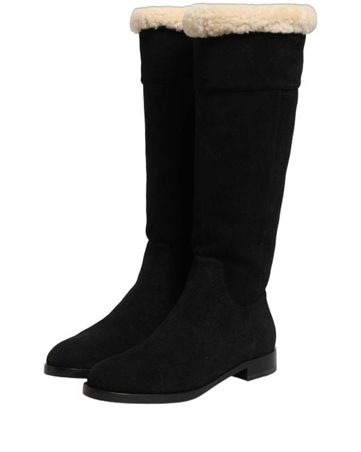 Dolce & Gabbana Black Suede Leather Knee High Boots Shoes