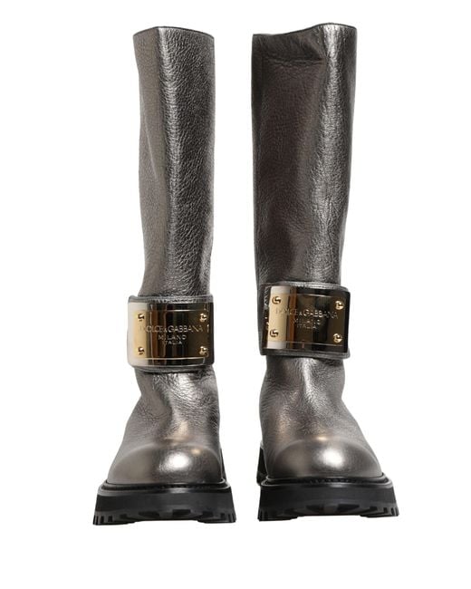 Dolce & Gabbana Gray Metallic Silver Leather Mid Calf Boots Shoes for men