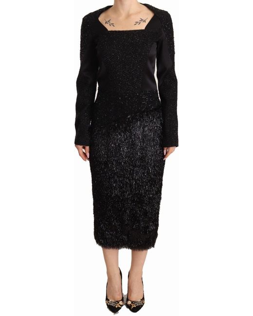 Masha Ma Black Studs Embellished Long Sleeves Sheath Midi Dress