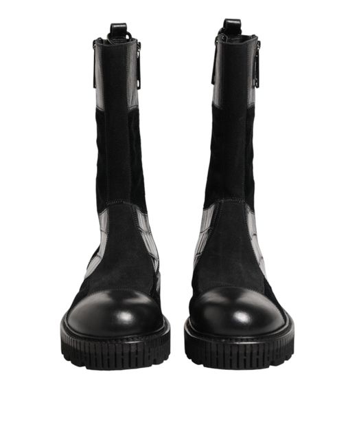 Dolce & Gabbana Black Patchwork Leather Mid Calf Boot Shoes for men