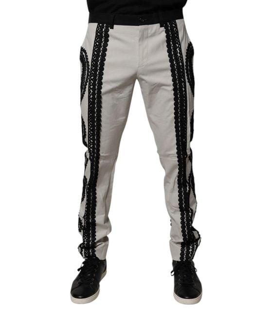 Dolce & Gabbana Black White Lace Trim Mid Waist Dress Formal Pants for men