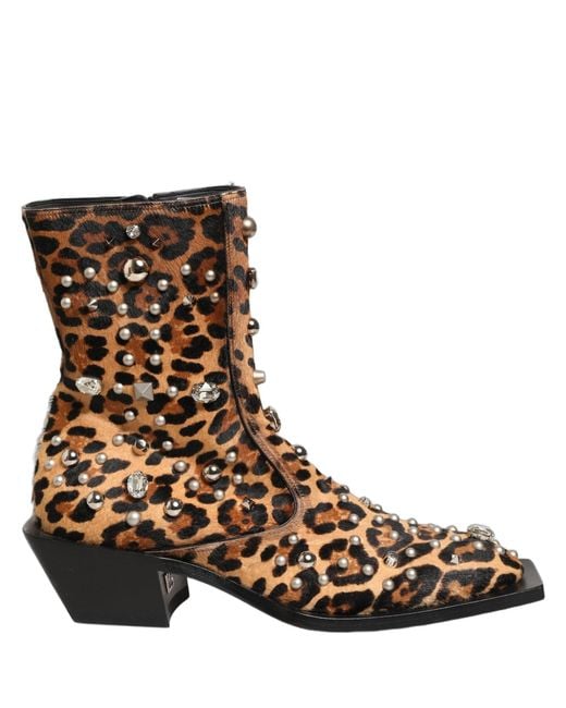 Dolce & Gabbana Brown Leopard Embellished Mid Calf Men Boots Shoes for men