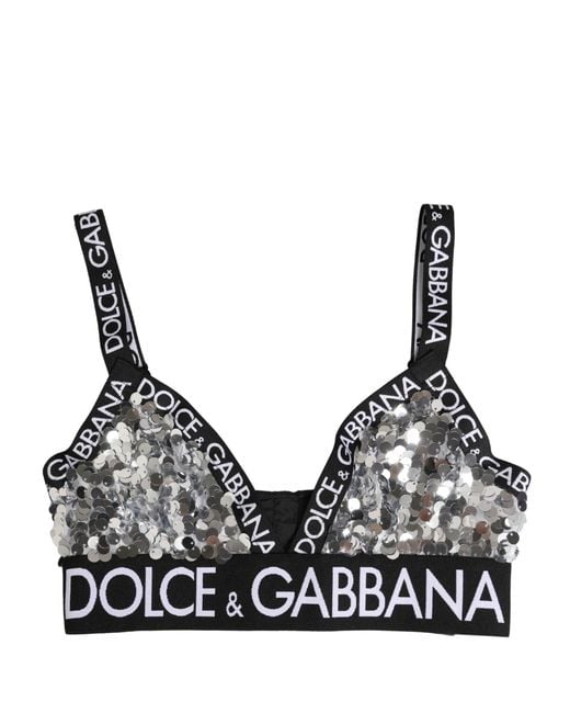 Dolce & Gabbana Black Silver Sequined Triangle Soft Cup Bra Underwear