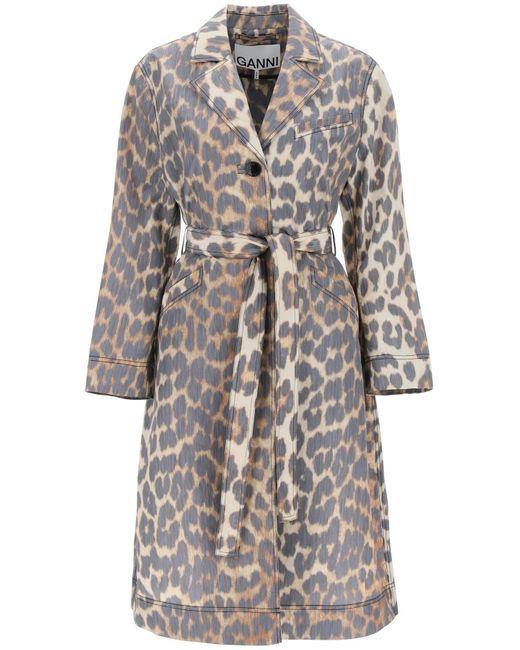 Ganni Natural Trench Coat In Leopard Faille