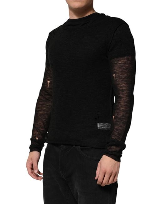Dolce & Gabbana Black Linen Mesh Tattered Longsleeves T-Shirt Polyester for men