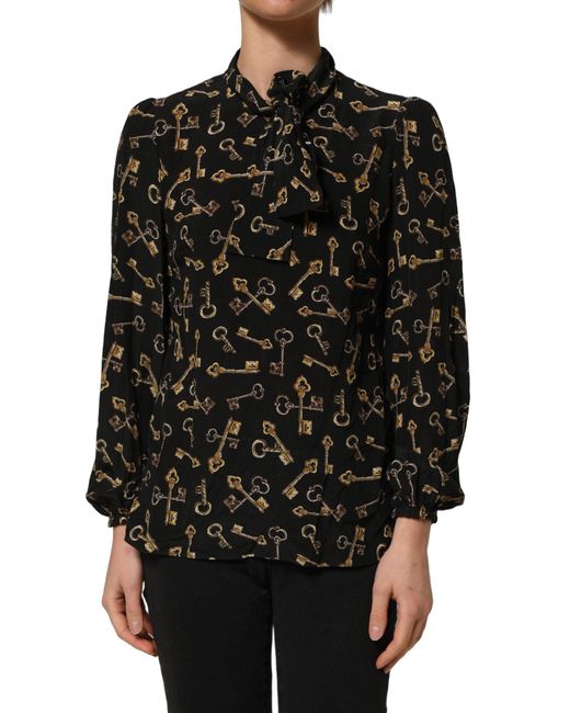 Dolce & Gabbana Black Keys Print Silk Tie Neck Blouse Top
