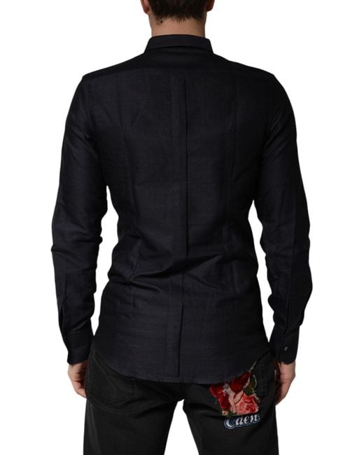 Dolce & Gabbana Black Dotted Cotton Collared Dress Shirt for men