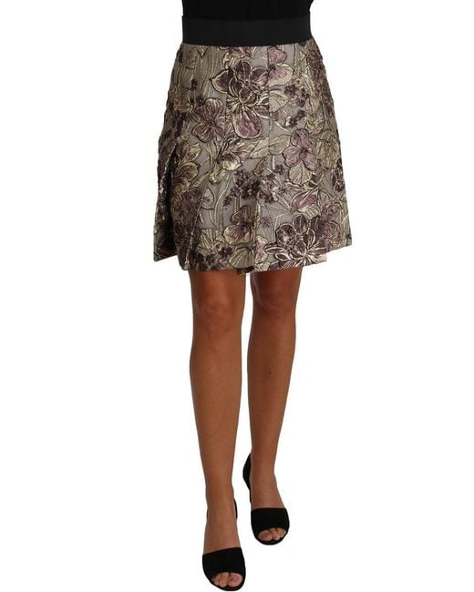 Dolce & Gabbana Brown A-line Mini Floral Print Jaquard Skirt