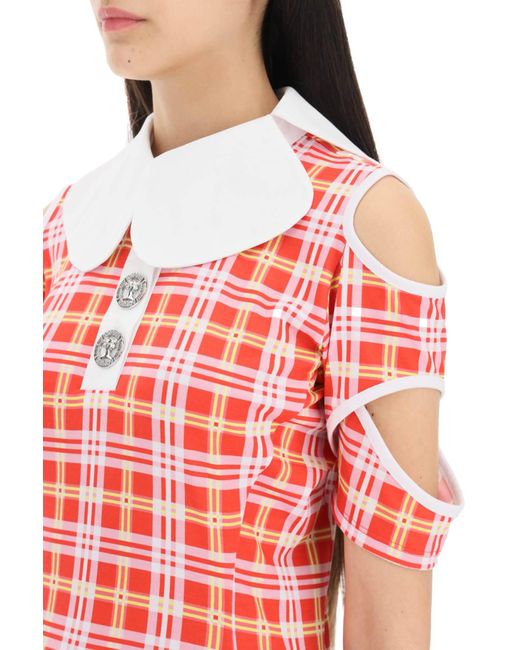 Chopova Lowena Red Tartan Motif Cut-Out Polo Shirt