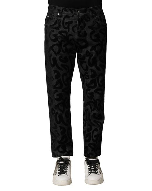 Dolce & Gabbana Black Gray Cotton Dg Logo Straight Men Denim Jeans for men
