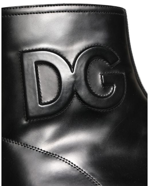Dolce & Gabbana Black Leather Embossed Logo Ankle Boots Shoes for men