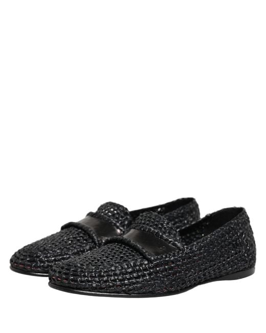 Dolce & Gabbana Black Woven Raffia Slip On Loafers Shoes for men