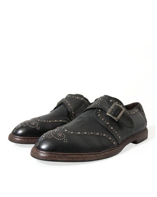 Dolce & Gabbana Black Leather Monk Strap Studded Dress Shoes for men