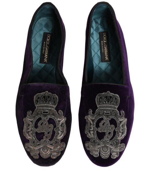 Dolce & Gabbana Blue Purple Velvet Crown Embroidery Loafers Shoes for men