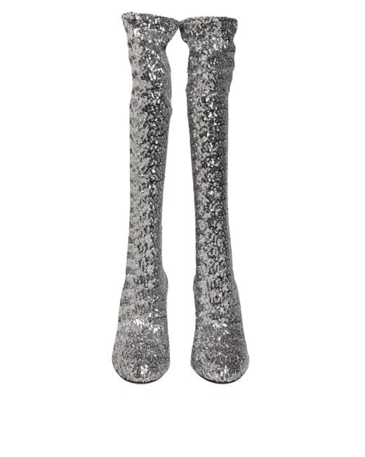 Dolce & Gabbana Gray Shoes Silver Sequins Glitter High Heel Boot Shoes