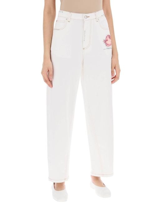 Marni White "Jeans With Embroidered Logo And Flower Patch