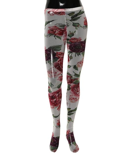 Dolce & Gabbana Red White Nylon Floral Print Tights Stockings Socks