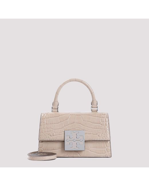 Tory Burch Pink Beige Taupe Croco Embossed Calf Leather Shoulder Bag