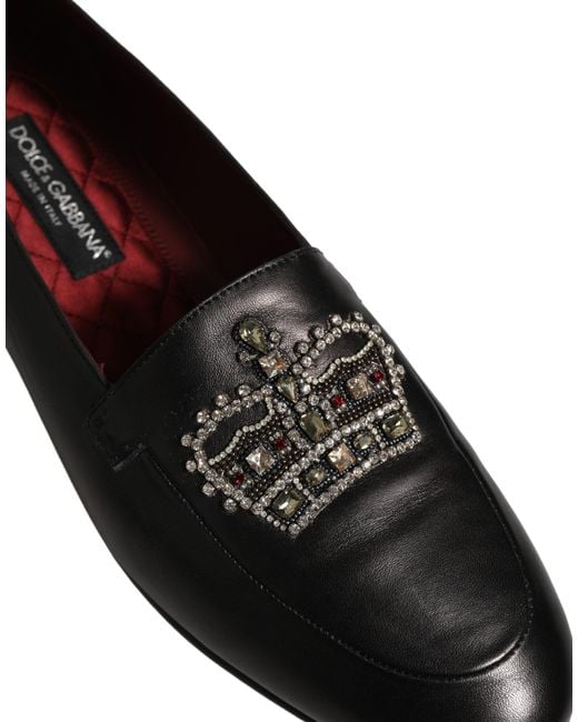 Dolce & Gabbana Black Leather Crown Embellished Loafers Shoes for men