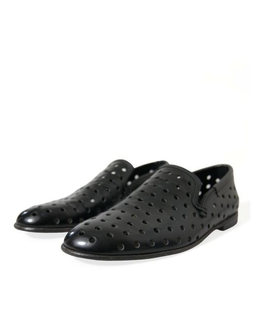 Dolce & Gabbana Black Leather Perforated Loafers Shoes for men