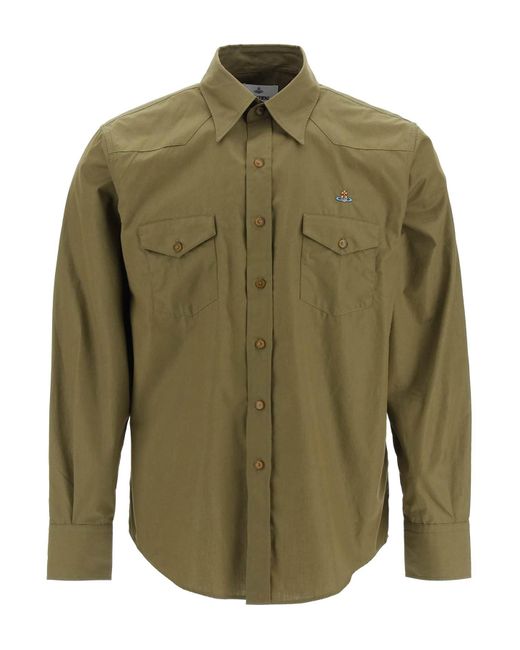 Vivienne Westwood Green Poplin Shirt With Chest Pockets And Orb Embroidery for men