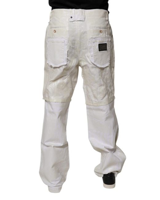 Dolce & Gabbana Gray White Linen Mid Waist Straight Men Denim Jeans for men