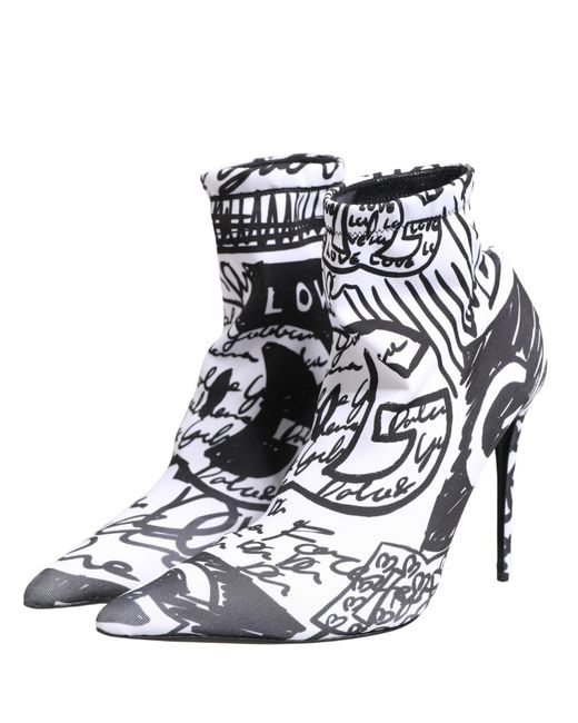 Dolce & Gabbana Black Graffiti Stretch Ankle Boots Shoes Elastane Polyester