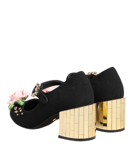 Dolce & Gabbana Black Flower Crystal Embellished Mary Jane Shoes