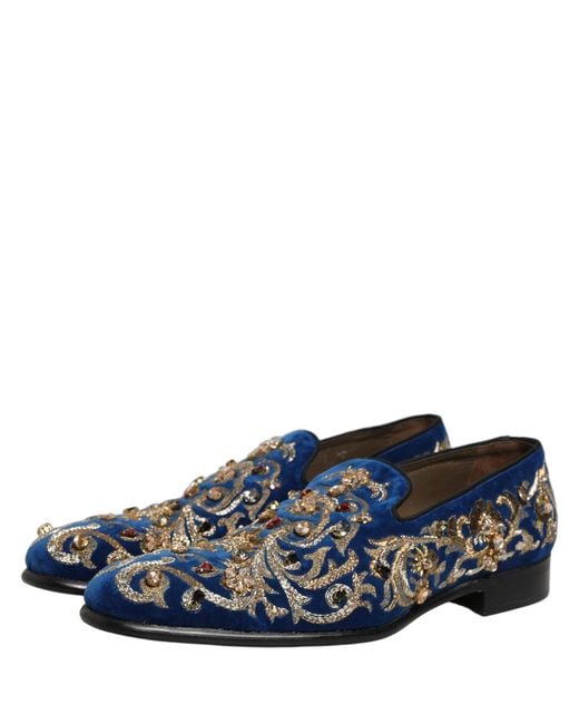 Dolce & Gabbana Blue Velvet Embellished Dress Loafers Shoes for men