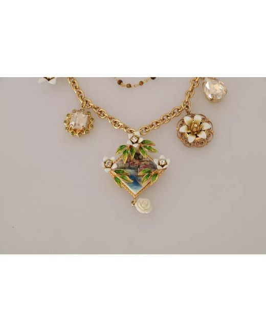 Dolce & Gabbana Black Brass Crystal Floral Statement Charms Necklace