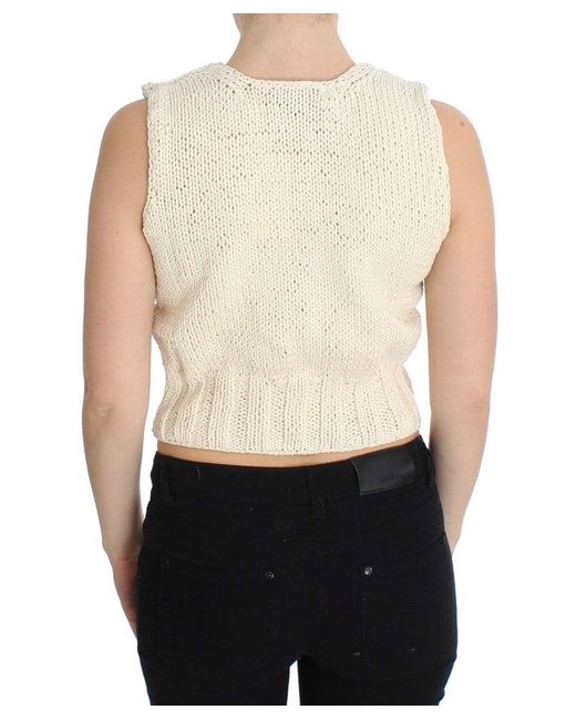 Pink Memories White Cotton Blend Knitted Sleeveless Sweater