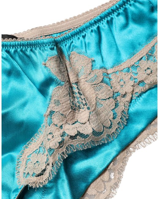 Dolce & Gabbana Blue Silk Satin Floral Lace Panty Brief Underwear