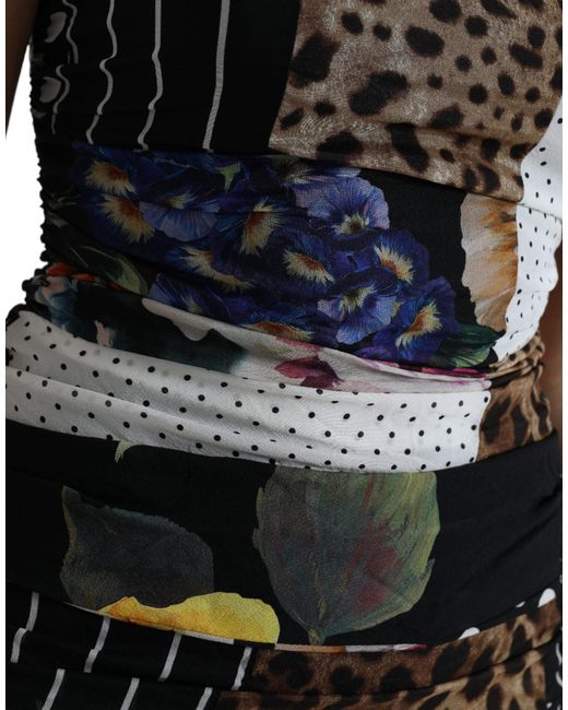 Dolce & Gabbana Black Patchwork Midi Floral Leopard Bodycon Dress