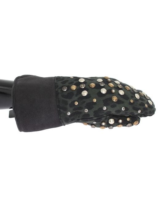 Dolce & Gabbana Black Wool Shearling Studded Leopard Gloves for men