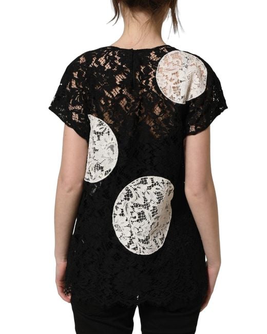 Dolce & Gabbana Black Floral Lace Short Sleeve Blouse Top