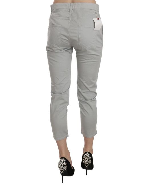 Jucca White Cotton Gray High Waist Skinny Cropped Trousers Pants