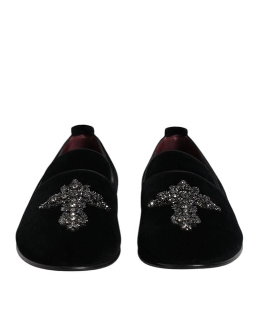 Dolce & Gabbana Black Velvet Embellished Loafer Slip On Shoes for men