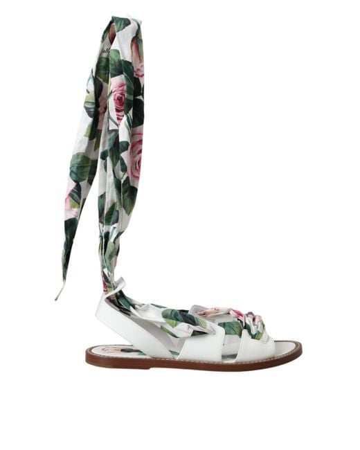 Dolce & Gabbana White Floral Print Ankle Wrap Sandals Shoes