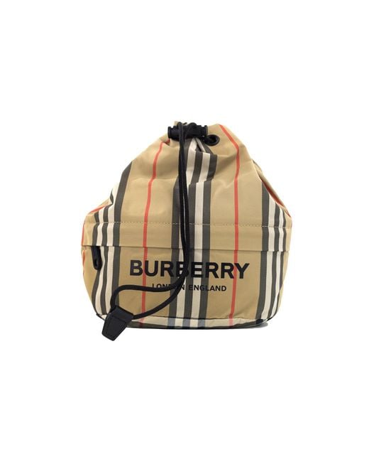 Burberry Natural Phoebe Heritage Stripe Beige Eco Nylon Drawstring Bucket Bag