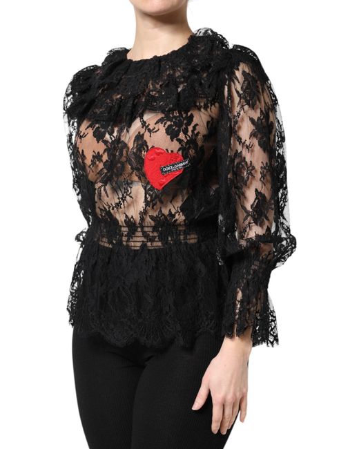 Dolce & Gabbana Black Cotton Floral Lace Blouse Top