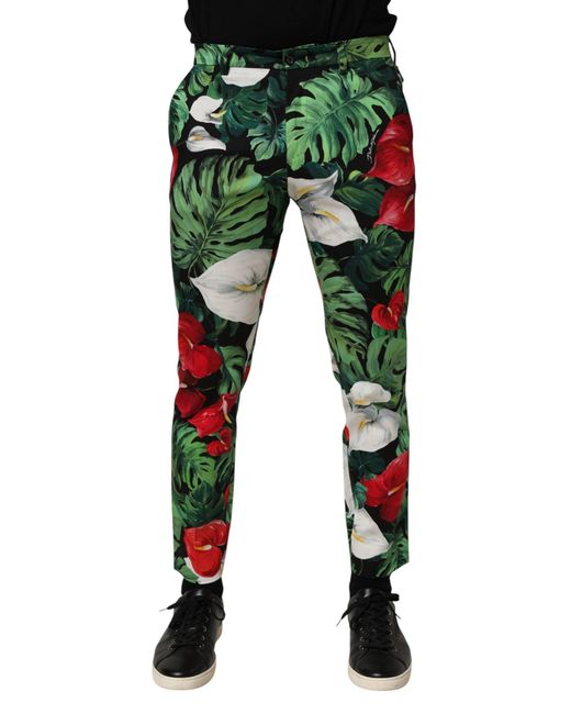 Dolce & Gabbana Green Multicolor Floral Print Cotton Tapered Pants for men
