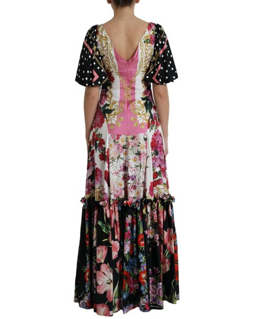 Dolce & Gabbana Red Multicolor Floral Print Silk Twill Gown Dress