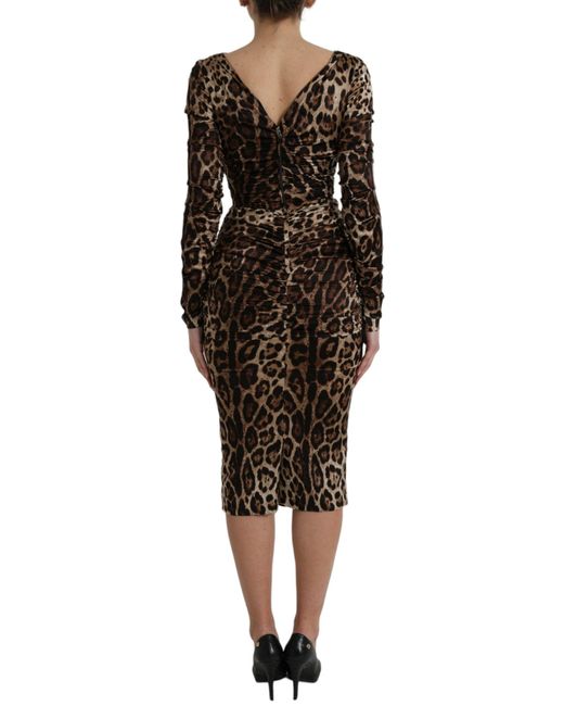 Dolce & Gabbana Black Leopard Print Bodycon V-Neck Midi Dress