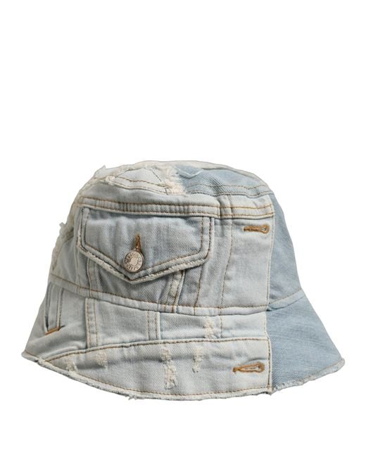 Dolce & Gabbana Gray Men Blue Patchwork Cotton Denim Bucket Cap Hat for men