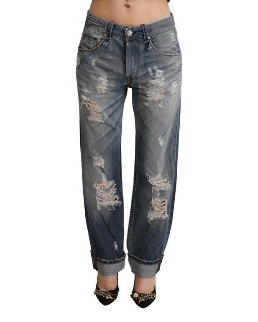 Acht Blue Tattered Mid Waist Straight Denim Cotton Jeans