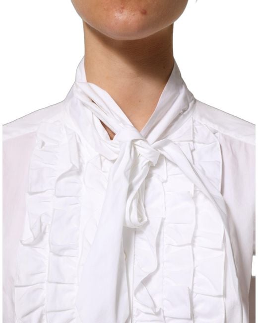 Dolce & Gabbana Gray Ruffled Bib Long Sleeves Blouse Top Cotton