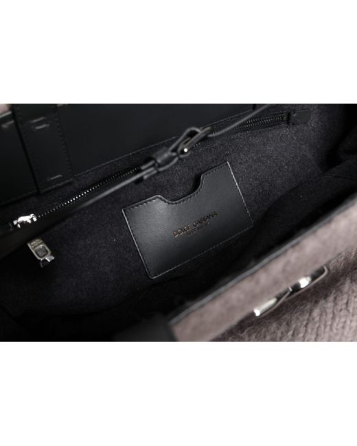 Dolce & Gabbana Black Grey Alpaca Wool Logo Plaque Tote Shoulder Bag for men