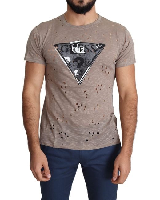 Guess Brown Cotton Stretch Logo Print Casual Perforated T shirt in